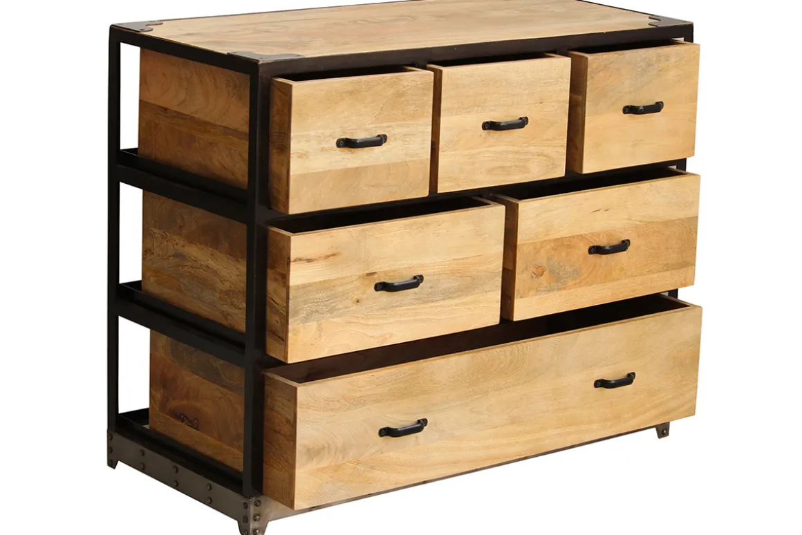 Miliboo Commode|Commode-Commode industrielle en bois manguier massif et métal noir 6 tiroirs L99 cm INDUSTRIA