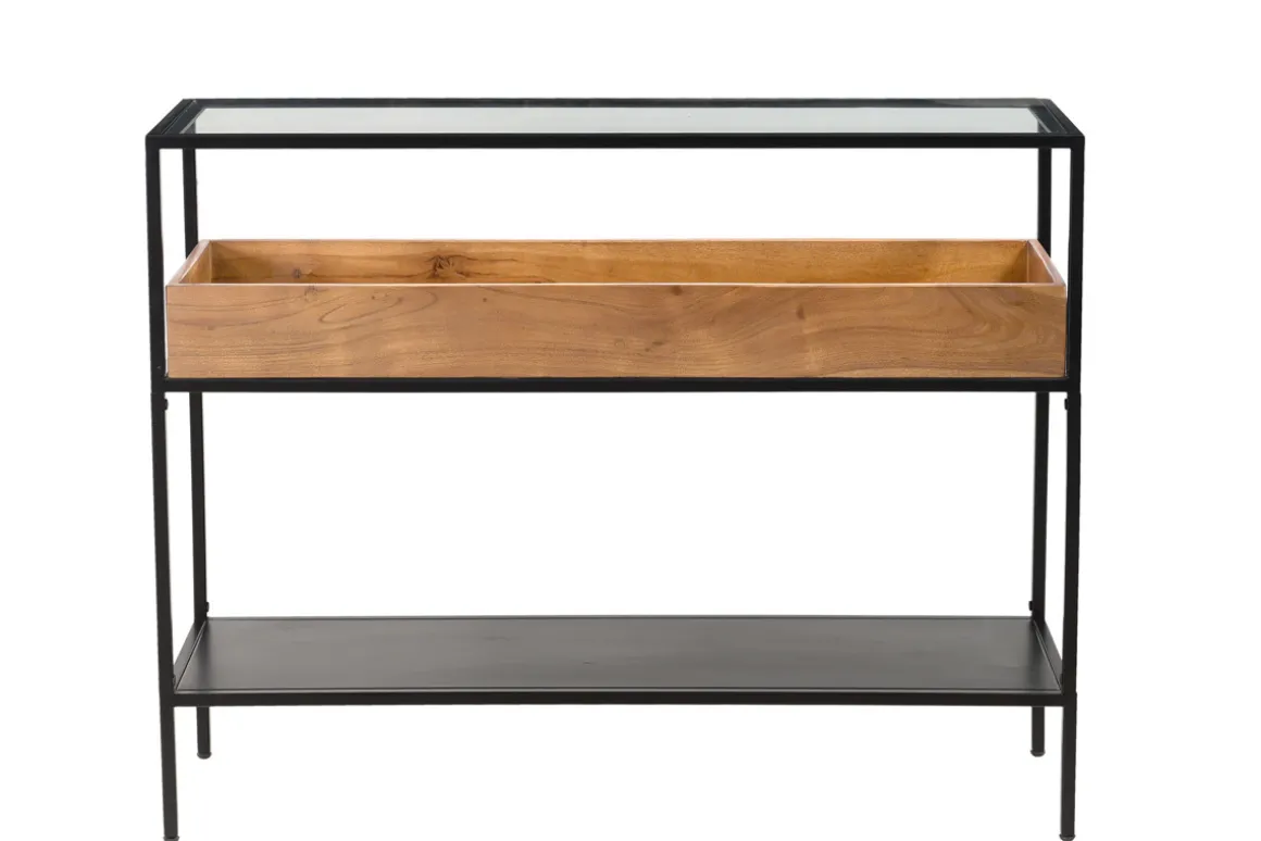 Miliboo Console-Console avec plateau en verre, rangement en bois massif et métal noir L100 cm HAORA