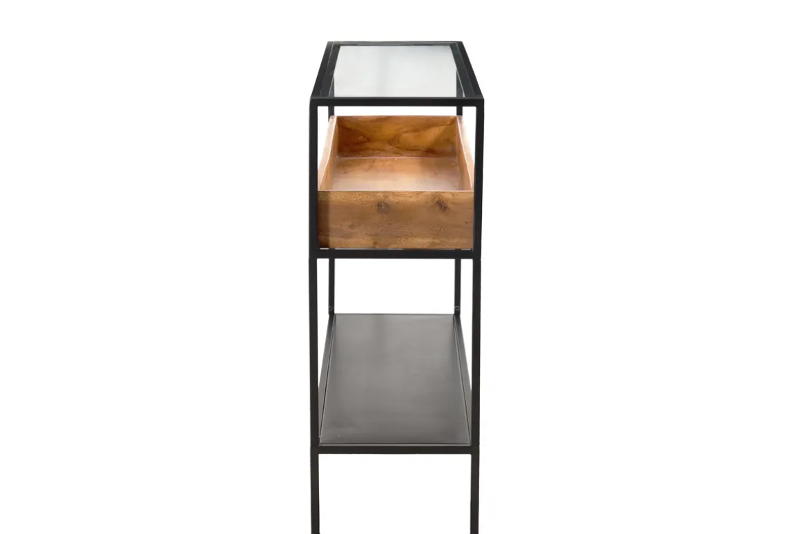 Miliboo Console-Console avec plateau en verre, rangement en bois massif et métal noir L100 cm HAORA