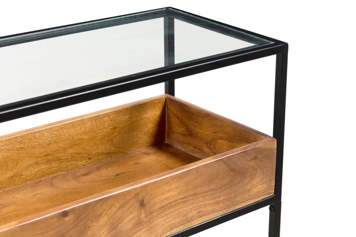 Miliboo Console-Console avec plateau en verre, rangement en bois massif et métal noir L100 cm HAORA