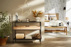 Miliboo Console-Console avec plateau en verre, rangement en bois massif et métal noir L100 cm HAORA