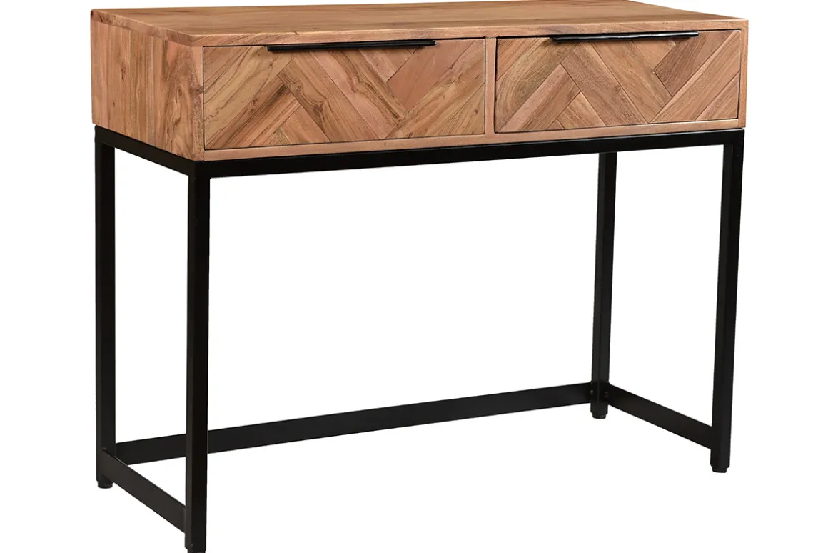 Miliboo Console|Meuble D'entrée-Console avec rangement 2 tiroirs à motifs chevrons en bois massif et métal noir L100 cm STICK