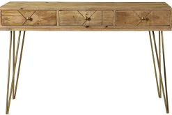 Miliboo Console|Meuble D'entrée-Console avec rangements 3 tiroirs en bois manguier massif gravé et métal doré L120 cm LINIUM
