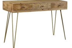 Miliboo Console|Meuble D'entrée-Console avec rangements 3 tiroirs en bois manguier massif gravé et métal doré L120 cm LINIUM