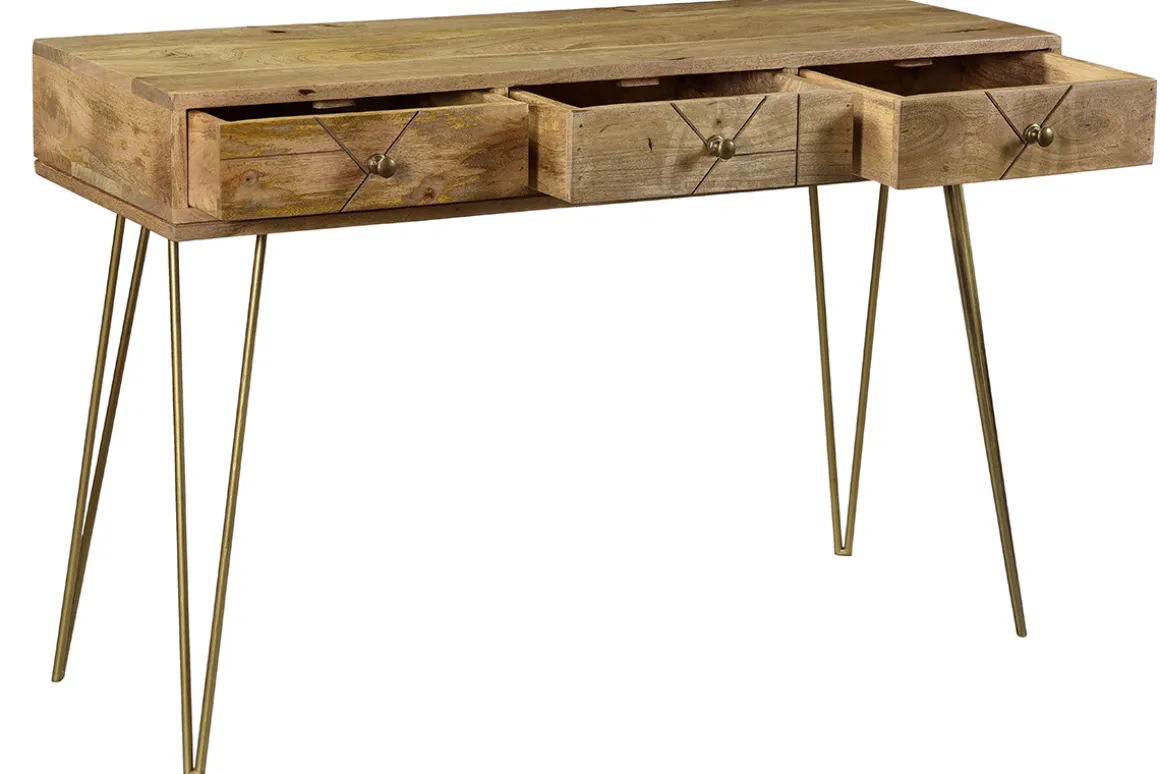 Miliboo Console|Meuble D'entrée-Console avec rangements 3 tiroirs en bois manguier massif gravé et métal doré L120 cm LINIUM