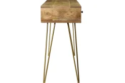 Miliboo Console|Meuble D'entrée-Console avec rangements 3 tiroirs en bois manguier massif gravé et métal doré L120 cm LINIUM