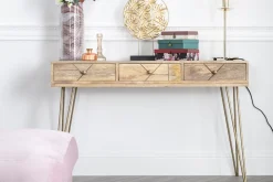 Miliboo Console|Meuble D'entrée-Console avec rangements 3 tiroirs en bois manguier massif gravé et métal doré L120 cm LINIUM