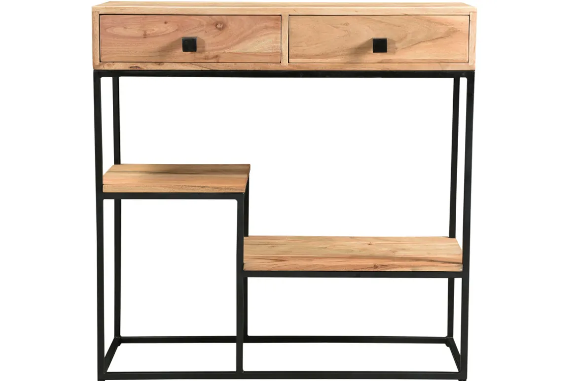 Miliboo Bibliothèque Et Étagère|Bibliothèque Et Étagère-Console avec rangements 2 tiroirs en bois massif et métal noir L80 cm GRENELLE