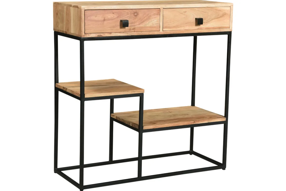 Miliboo Bibliothèque Et Étagère|Bibliothèque Et Étagère-Console avec rangements 2 tiroirs en bois massif et métal noir L80 cm GRENELLE