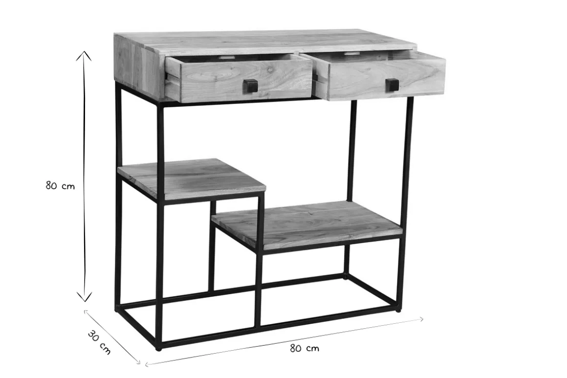 Miliboo Bibliothèque Et Étagère|Bibliothèque Et Étagère-Console avec rangements 2 tiroirs en bois massif et métal noir L80 cm GRENELLE