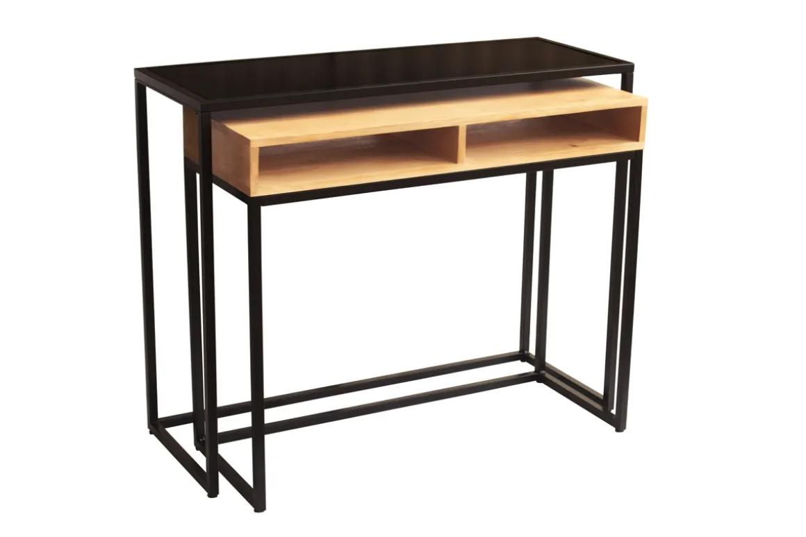 Miliboo Bureau Design|Console-Console bureau d'appoint avec rangements casiers en bois manguier massif et métal noir L100 cm YPKA