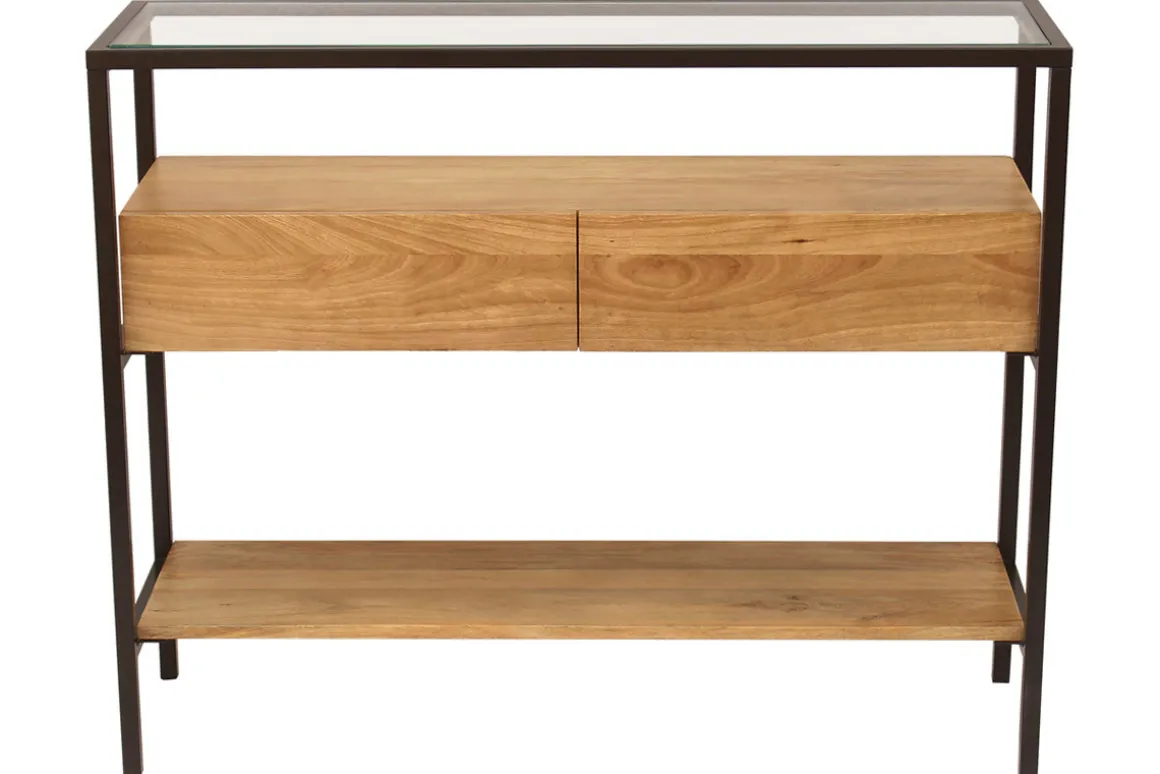 Miliboo Console-Console en bois manguier massif et plateau en verre 2 tiroirs L100 cm SITA