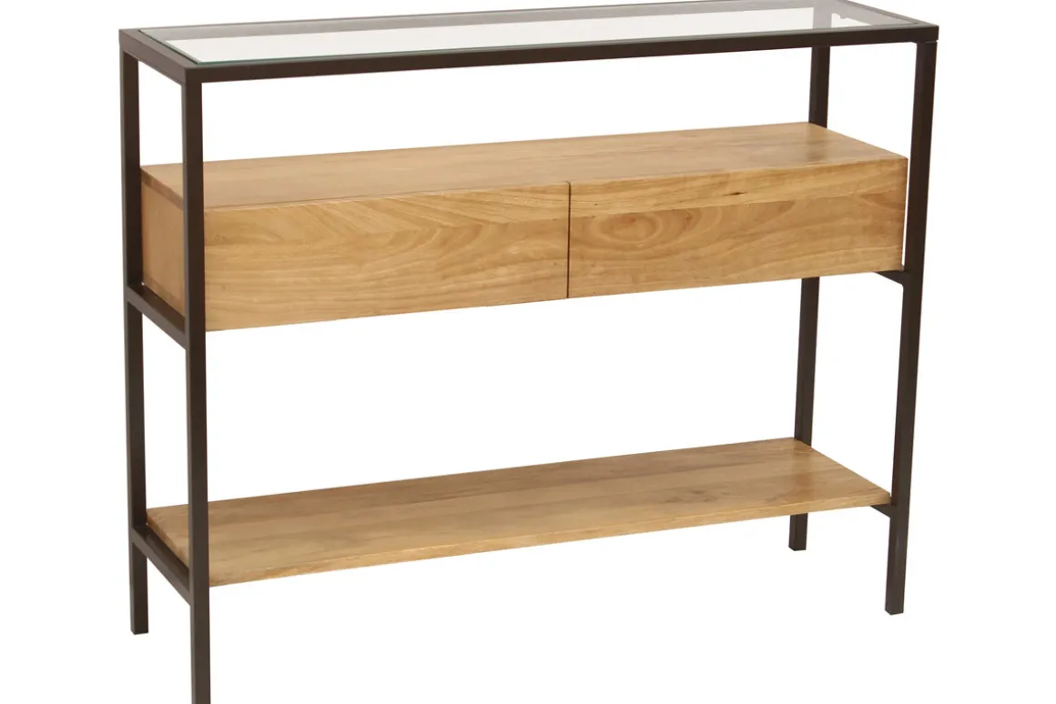 Miliboo Console-Console en bois manguier massif et plateau en verre 2 tiroirs L100 cm SITA