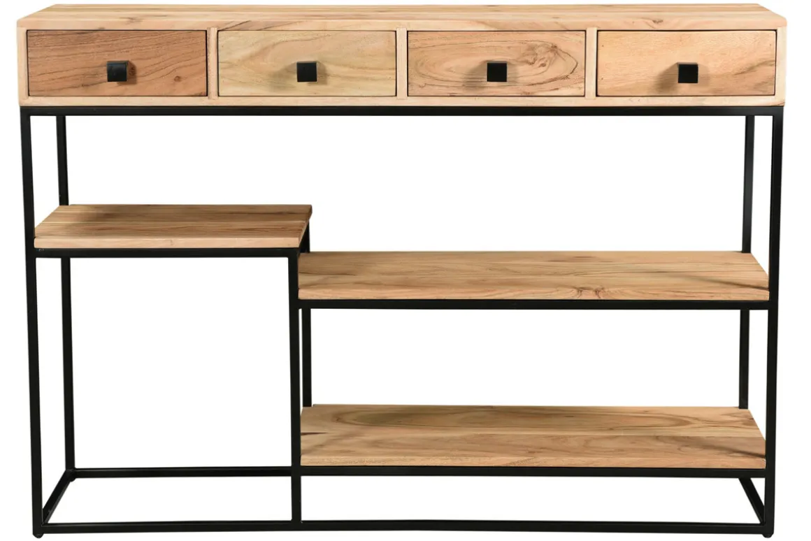 Miliboo Bibliothèque Et Étagère|Bibliothèque Et Étagère-Console industrielle avec rangements 4 tiroirs en bois massif et métal noir L115 cm GRENELLE