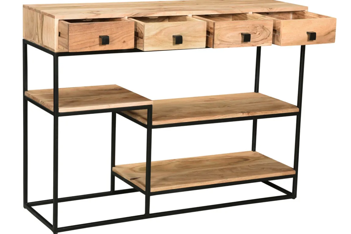 Miliboo Bibliothèque Et Étagère|Bibliothèque Et Étagère-Console industrielle avec rangements 4 tiroirs en bois massif et métal noir L115 cm GRENELLE