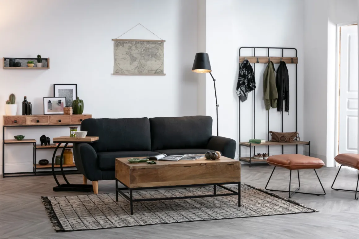 Miliboo Bibliothèque Et Étagère|Bibliothèque Et Étagère-Console industrielle avec rangements 4 tiroirs en bois massif et métal noir L115 cm GRENELLE