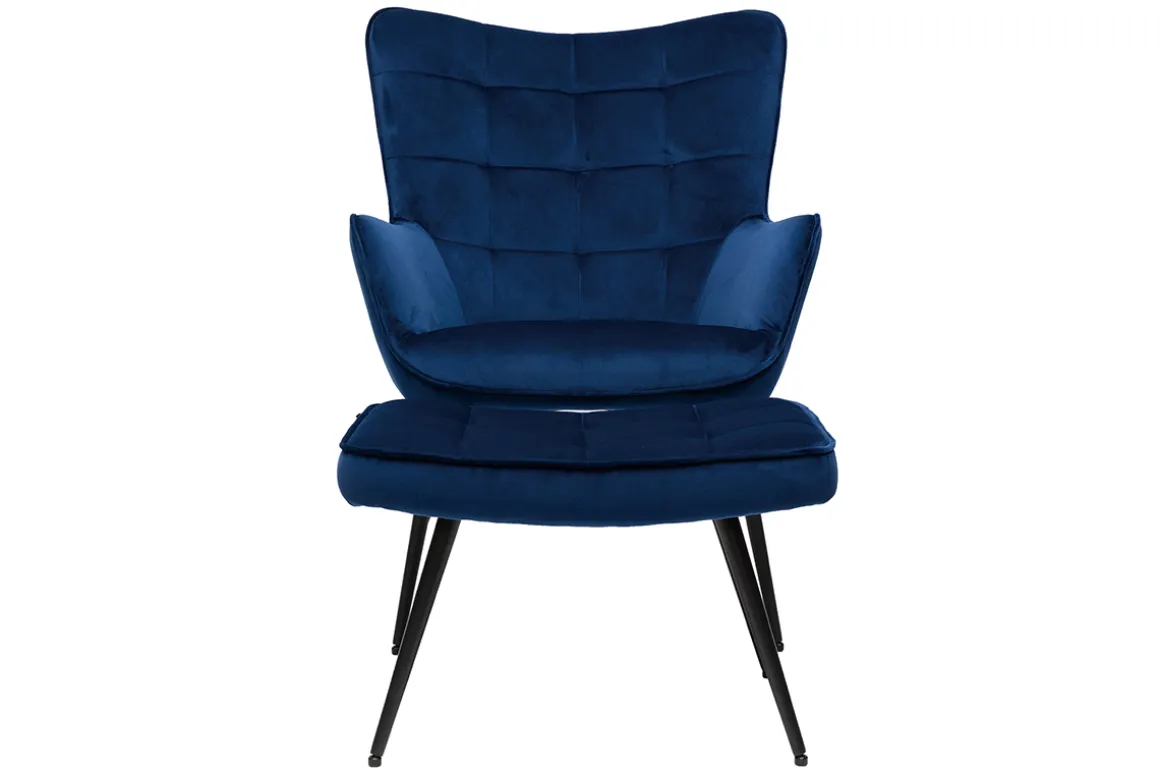 Miliboo Fauteuil Design|Voir Tous Les Fauteuils-Fauteuil avec repose-pieds design en tissu velours bleu foncé et métal noir MOOD
