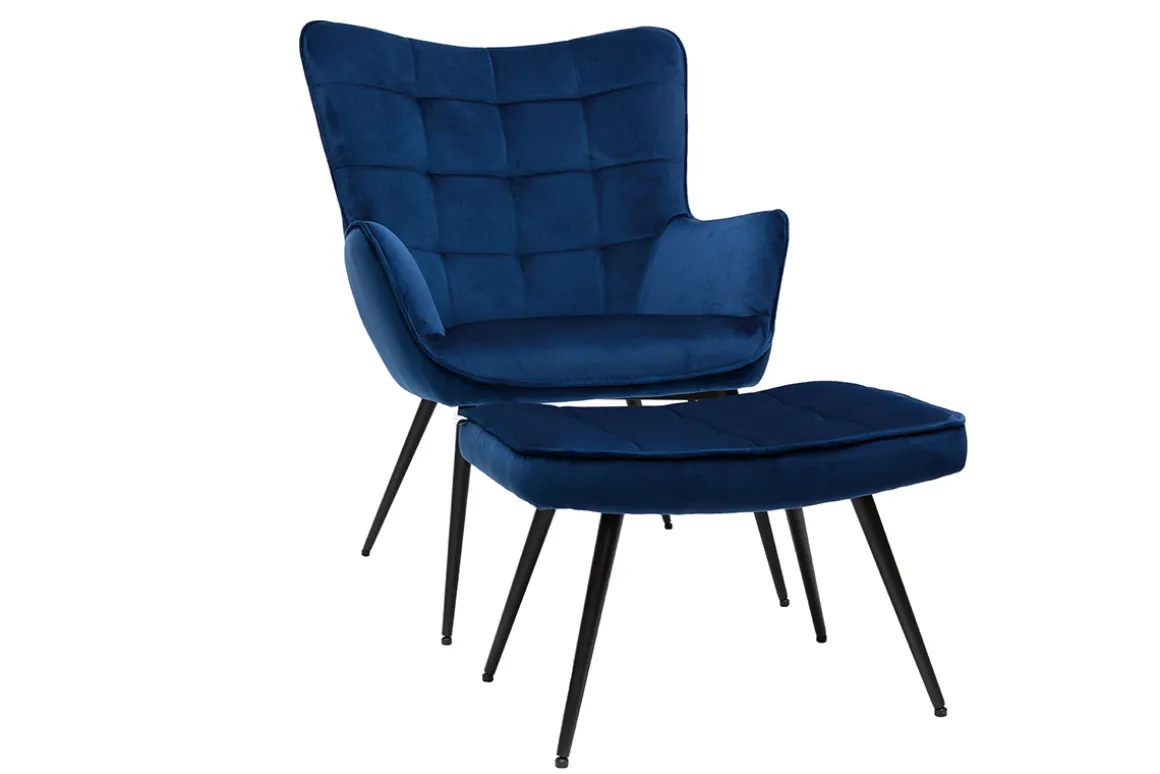 Miliboo Fauteuil Design|Voir Tous Les Fauteuils-Fauteuil avec repose-pieds design en tissu velours bleu foncé et métal noir MOOD