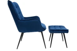 Miliboo Fauteuil Design|Voir Tous Les Fauteuils-Fauteuil avec repose-pieds design en tissu velours bleu foncé et métal noir MOOD
