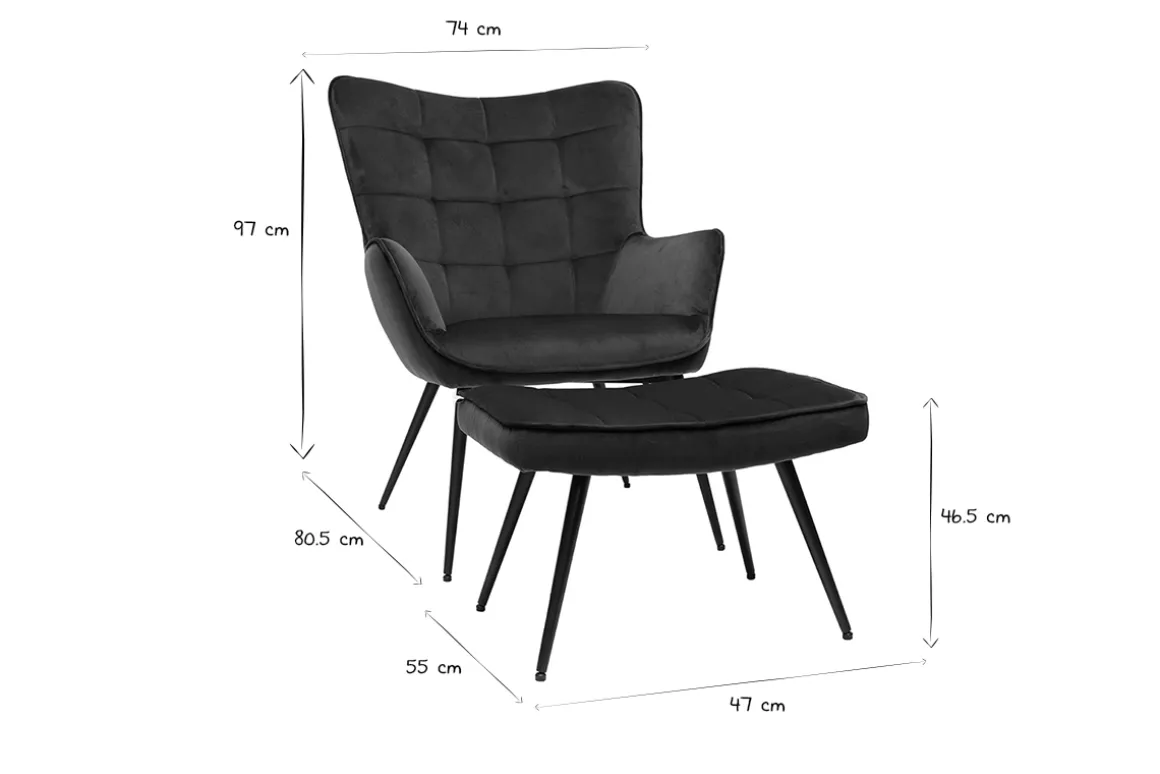 Miliboo Fauteuil Design|Voir Tous Les Fauteuils-Fauteuil avec repose-pieds design en tissu velours bleu foncé et métal noir MOOD