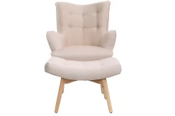 Miliboo Fauteuil Design|Voir Tous Les Fauteuils-Fauteuil avec repose-pieds scandinave en tissu rose poudré et bois clair BRISTOL