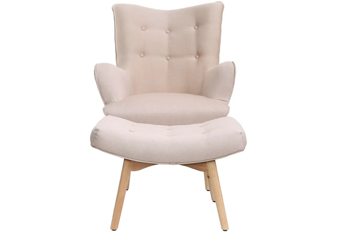 Miliboo Fauteuil Design|Voir Tous Les Fauteuils-Fauteuil avec repose-pieds scandinave en tissu rose poudré et bois clair BRISTOL