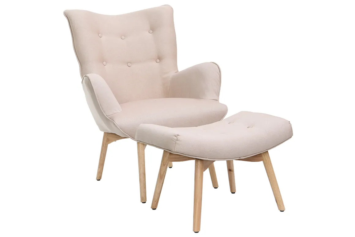 Miliboo Fauteuil Design|Voir Tous Les Fauteuils-Fauteuil avec repose-pieds scandinave en tissu rose poudré et bois clair BRISTOL