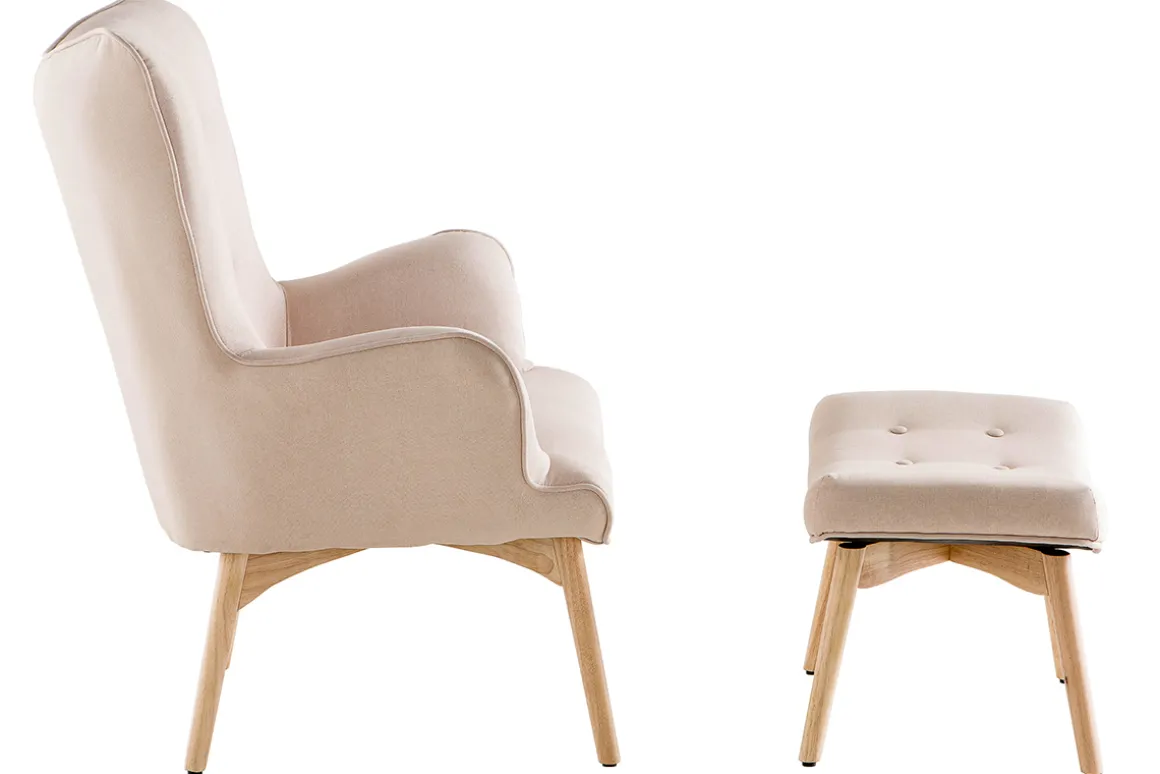 Miliboo Fauteuil Design|Voir Tous Les Fauteuils-Fauteuil avec repose-pieds scandinave en tissu rose poudré et bois clair BRISTOL