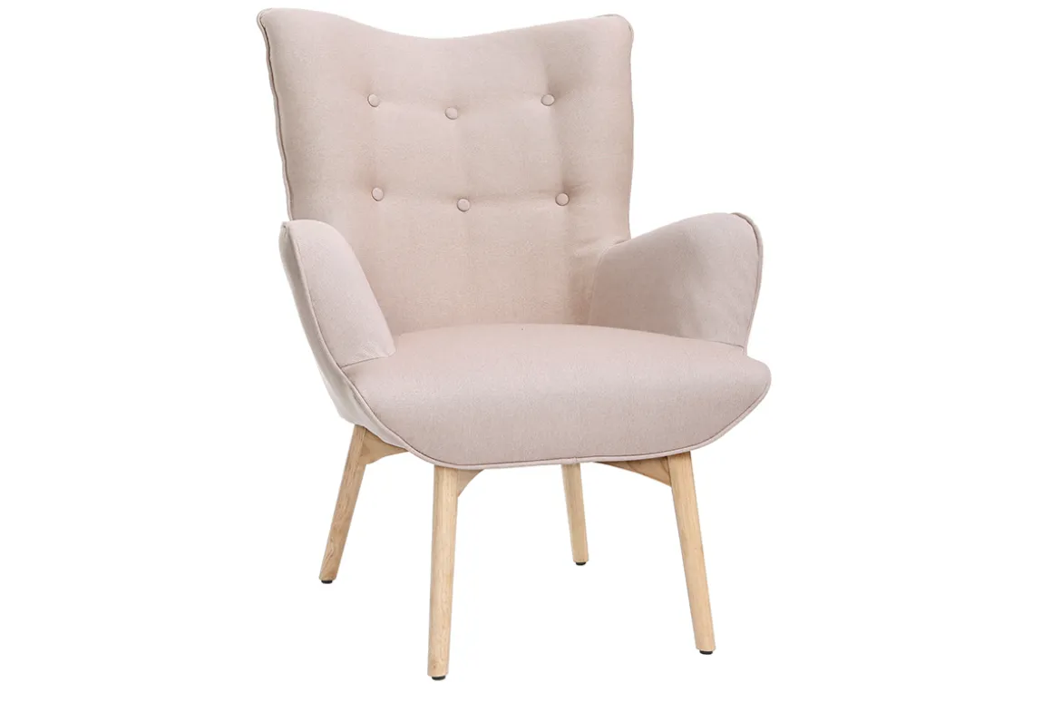 Miliboo Fauteuil Design|Voir Tous Les Fauteuils-Fauteuil avec repose-pieds scandinave en tissu rose poudré et bois clair BRISTOL