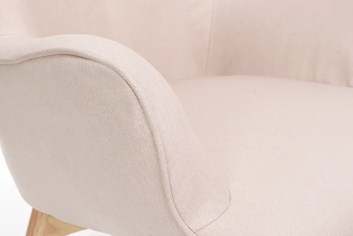 Miliboo Fauteuil Design|Voir Tous Les Fauteuils-Fauteuil avec repose-pieds scandinave en tissu rose poudré et bois clair BRISTOL