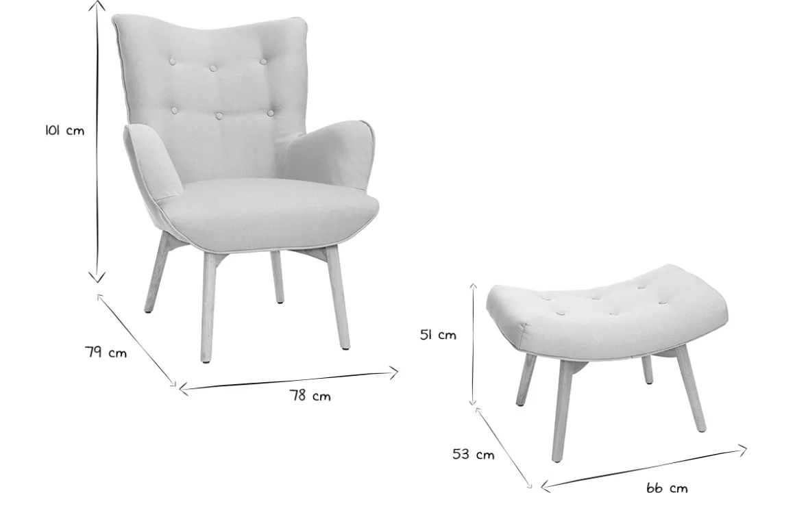 Miliboo Fauteuil Design|Voir Tous Les Fauteuils-Fauteuil avec repose-pieds scandinave en tissu rose poudré et bois clair BRISTOL