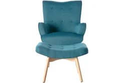 Miliboo Fauteuil Design|Voir Tous Les Fauteuils-Fauteuil avec repose-pieds scandinave en tissu bleu canard et bois clair BRISTOL