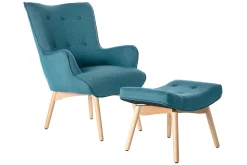 Miliboo Fauteuil Design|Voir Tous Les Fauteuils-Fauteuil avec repose-pieds scandinave en tissu bleu canard et bois clair BRISTOL