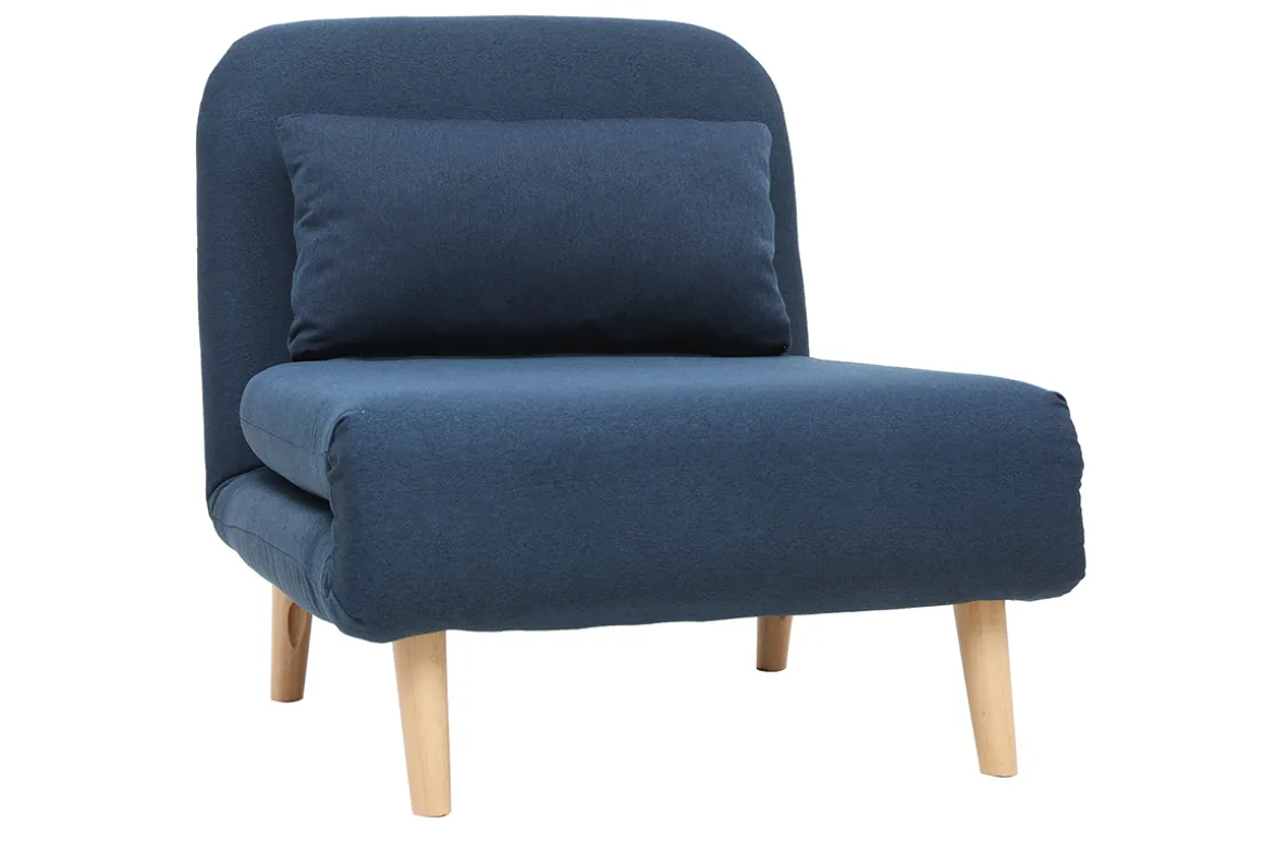 Miliboo Fauteuil Design|Voir Tous Les Fauteuils-Fauteuil convertible scandinave en tissu bleu foncé et bois clair AMIKO