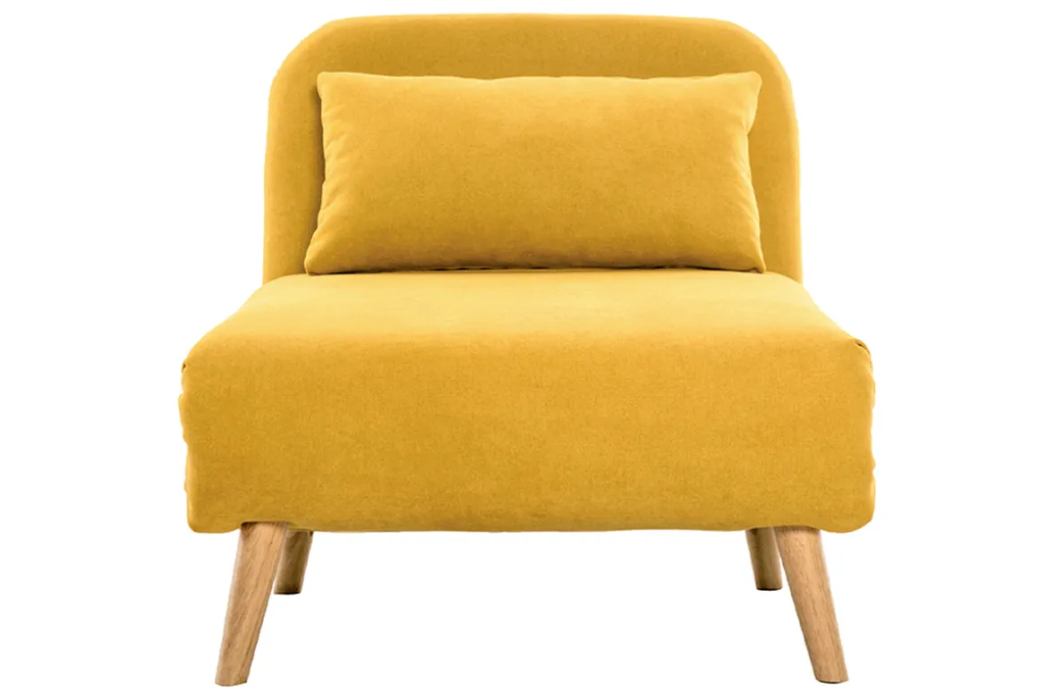 Miliboo Fauteuil Design|Voir Tous Les Fauteuils-Fauteuil convertible scandinave en tissu effet velours jaune moutarde et bois clair AMIKO