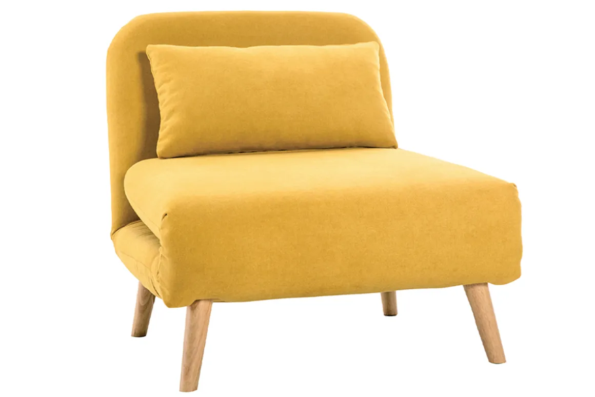 Miliboo Fauteuil Design|Voir Tous Les Fauteuils-Fauteuil convertible scandinave en tissu effet velours jaune moutarde et bois clair AMIKO