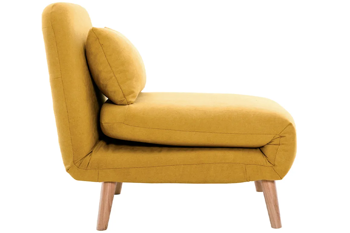 Miliboo Fauteuil Design|Voir Tous Les Fauteuils-Fauteuil convertible scandinave en tissu effet velours jaune moutarde et bois clair AMIKO