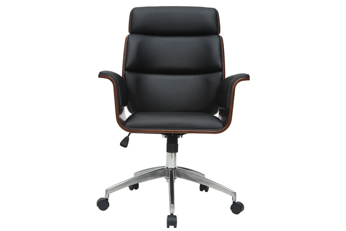 Miliboo Fauteuil De Bureau-Fauteuil de bureau à roulettes design noir, bois foncé noyer et acier chromé ELON
