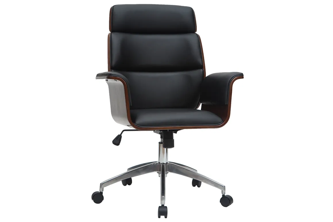Miliboo Fauteuil De Bureau-Fauteuil de bureau à roulettes design noir, bois foncé noyer et acier chromé ELON