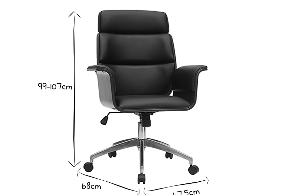 Miliboo Fauteuil De Bureau-Fauteuil de bureau à roulettes design noir, bois foncé noyer et acier chromé ELON