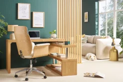 Miliboo Fauteuil De Bureau-Fauteuil de bureau à roulettes design blanc, bois clair et acier chromé ELON