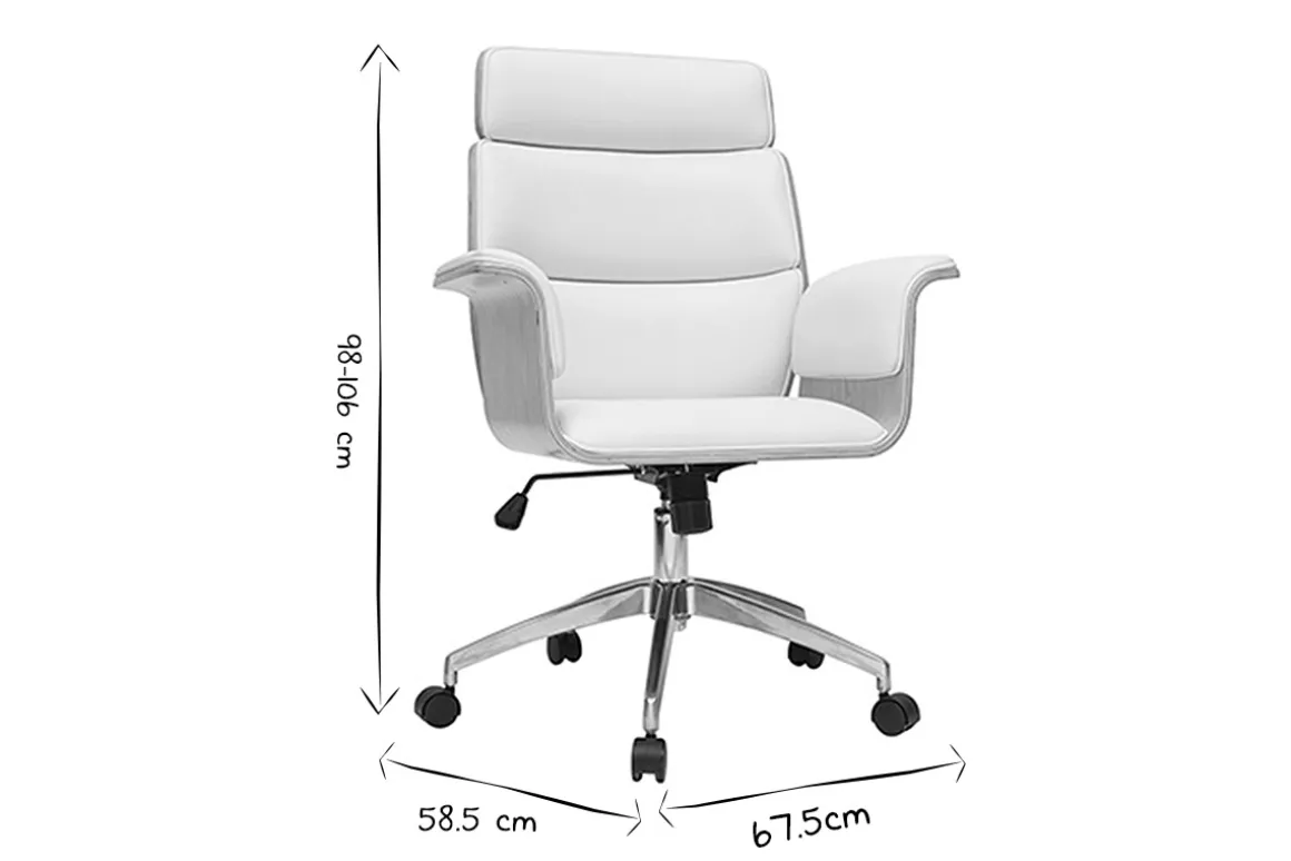 Miliboo Fauteuil De Bureau-Fauteuil de bureau à roulettes design blanc, bois clair et acier chromé ELON