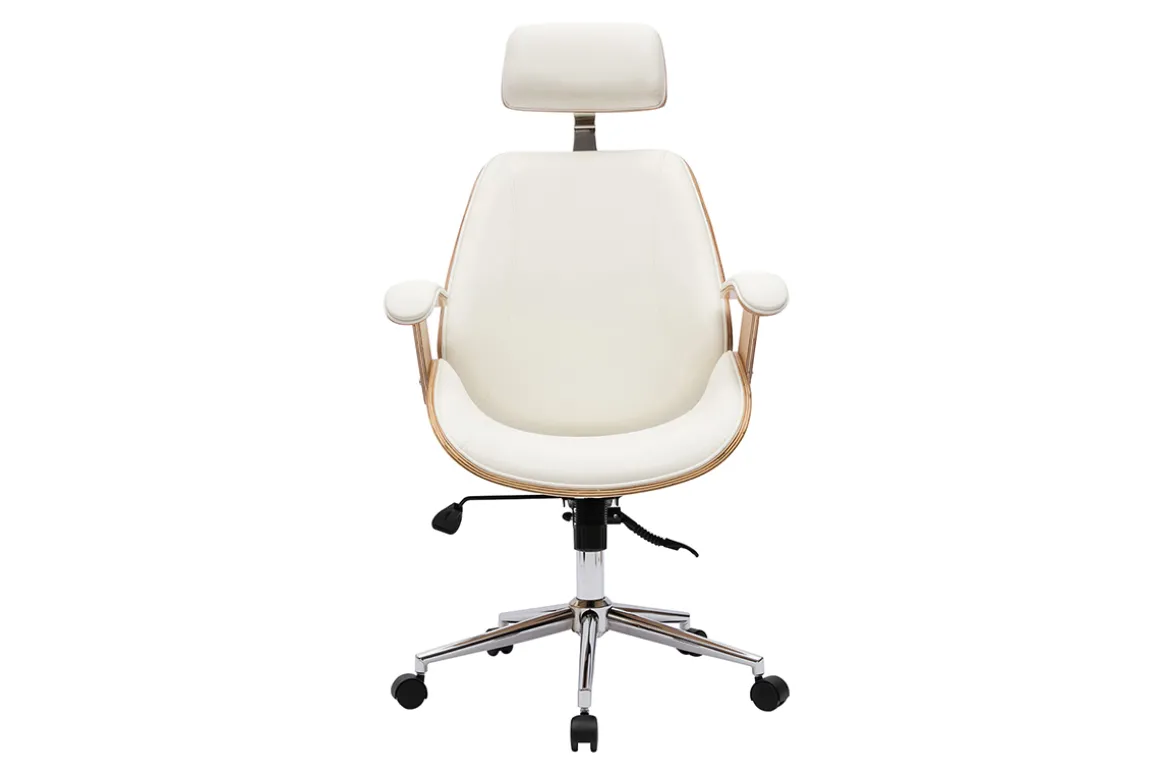 Miliboo Fauteuil De Bureau|Fauteuil De Bureau Ergonomique-Fauteuil de bureau de direction design blanc, bois clair et acier chromé MUSK
