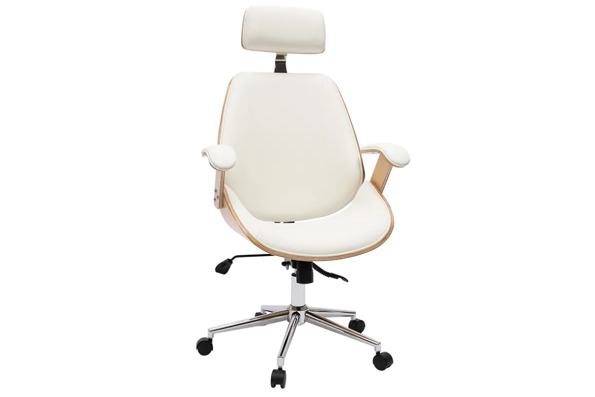 Miliboo Fauteuil De Bureau|Fauteuil De Bureau Ergonomique-Fauteuil de bureau de direction design blanc, bois clair et acier chromé MUSK