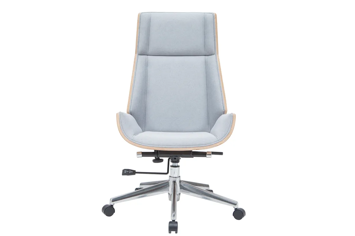 Miliboo Fauteuil De Bureau|Fauteuil De Bureau Ergonomique-Fauteuil de bureau de direction design en tissu gris clair, bois clair et acier chromé CURVED