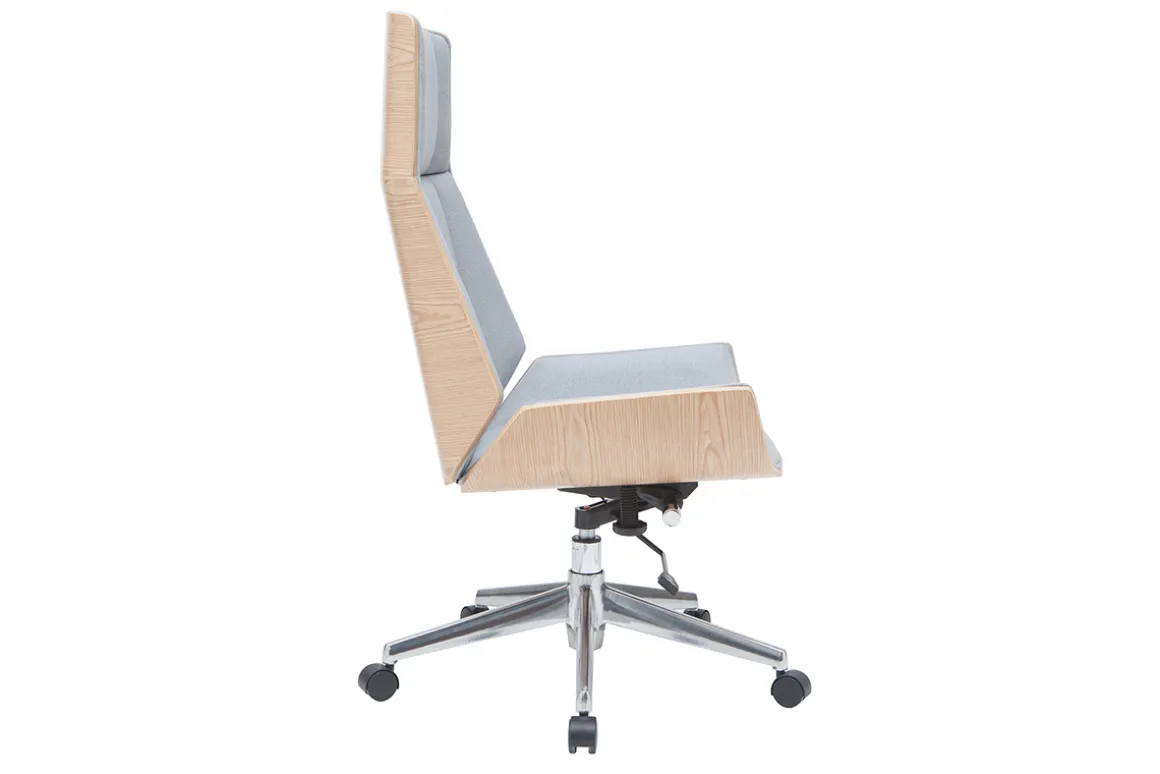 Miliboo Fauteuil De Bureau|Fauteuil De Bureau Ergonomique-Fauteuil de bureau de direction design en tissu gris clair, bois clair et acier chromé CURVED