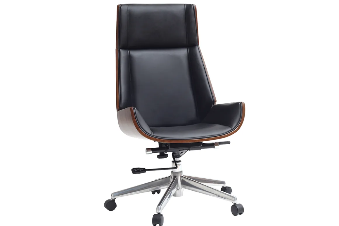 Miliboo Fauteuil De Bureau|Fauteuil De Bureau Ergonomique-Fauteuil de bureau de direction design noir, bois foncé noyer et acier chromé CURVED