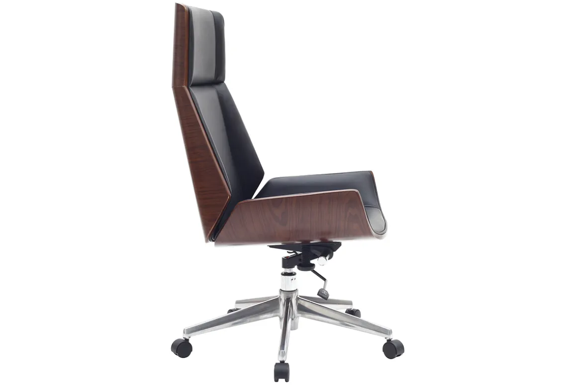 Miliboo Fauteuil De Bureau|Fauteuil De Bureau Ergonomique-Fauteuil de bureau de direction design noir, bois foncé noyer et acier chromé CURVED