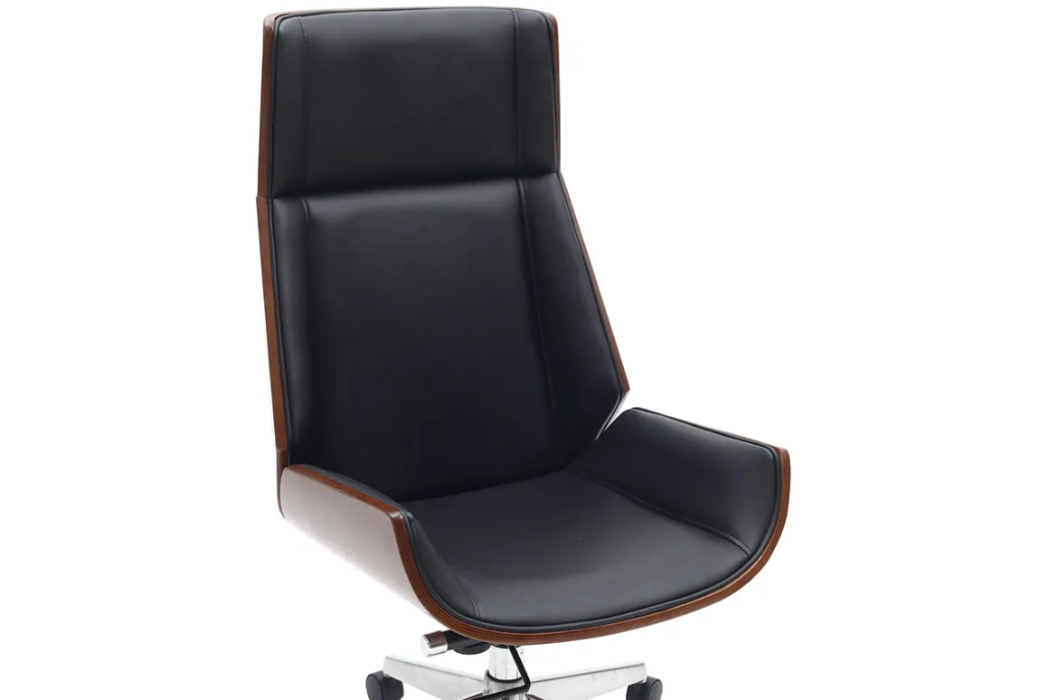 Miliboo Fauteuil De Bureau|Fauteuil De Bureau Ergonomique-Fauteuil de bureau de direction design noir, bois foncé noyer et acier chromé CURVED
