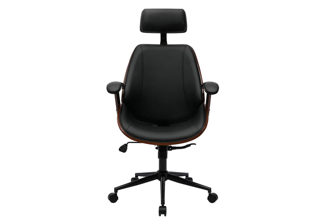 Miliboo Fauteuil De Bureau|Fauteuil De Bureau Ergonomique-Fauteuil de bureau de direction design noir, bois foncé et métal noir MUSK